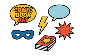 Pop art comic elements: speech bubbles, superhero mask, lightning, starburst shapes