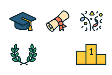 Academic success icons set featuring graduation cap, diploma, laurel wreath, and podium