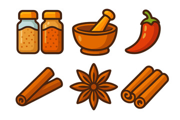 Culinary spices and kitchen equipment icons including chili pepper and star anise
