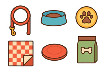 Essential dog care accessories set featuring leash, food bowl, paw print, toy, and kibble bag