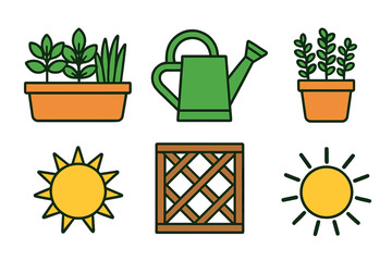 Potted plants watering can sun and wooden crate symbols for gardening