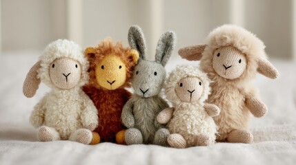Group Of Adorable Knitted Animal Toys On Soft Background. Perfect For Children'S Play And Nursery Decor
