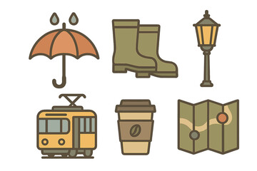 Stylized icons representing urban travel, rainy weather, tram, umbrella, boots, and coffee cup
