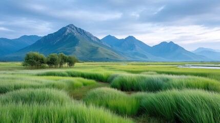 Fototapeta premium Expansive Lush Green Rice Paddy Field Under a Cloudy Sky with Majestic Mountains in the Background and Scattered Trees