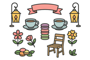 Cozy cafe and garden elements collection featuring coffee cups, lanterns, flowers, macarons, and chair