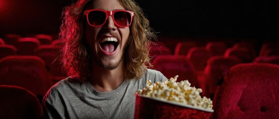 The man with popcorn and sunglasses laughing in a red movie theater