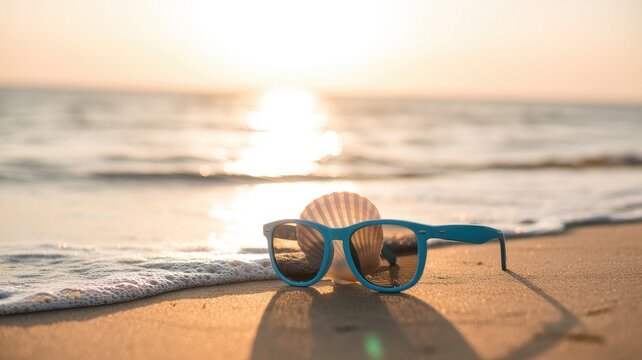 Sunglasses resting on a beach chair with ocean waves at sunset