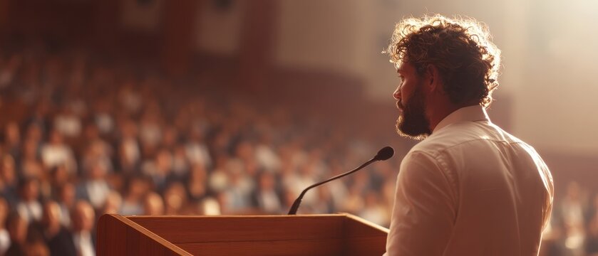 The speaker addressing a large audience from a wooden lectern in sunlight