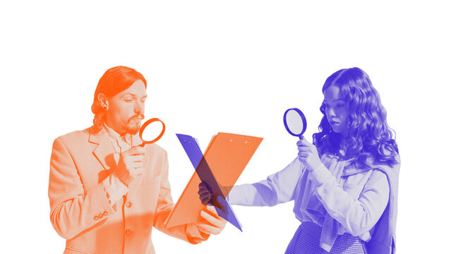 Contemporary collage. Colleagues analyzing documents with magnifying glasses symbolizing audit and transparency. Concept of compliance, corporate governance, data accuracy, and quality-control process