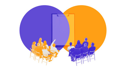 Audience groups watching presentation with overlapping circles. Concept of teamwork, knowledge...