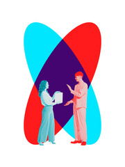Modern graphic artwork. Two young colleagues exchanging ideas with abstract overlapping shapes....