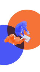 Collage art. Business colleagues discussing project plan on clipboard symbolizing communication and...