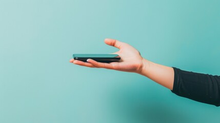 Hand Holding Smartphone Against Light Blue Background