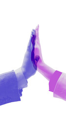 Creative collage. Two hands high fiving symbolizing equality cooperation and business partnership....