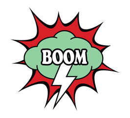 A comic book style boom explosion with a lightning bolt and a red and green burst effect design