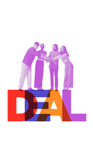 Collage art. Diverse business team placing hands over colorful deal typography symbolizing unity...