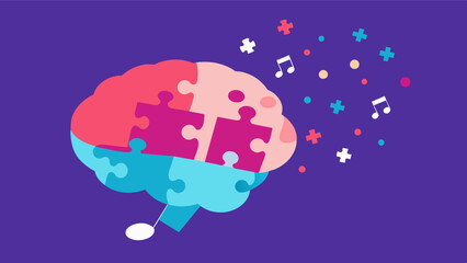 A brain with puzzle pieces falling into place symbolizing the effect of personalized music playlists in improving cognitive function and memory recall.. Vector illustration