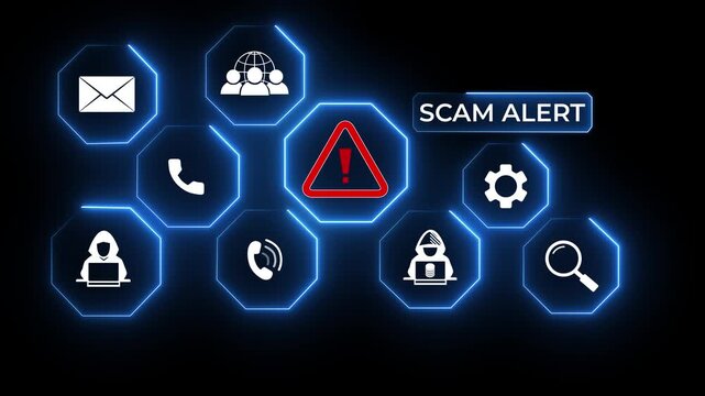 Person touching scam alert icon surrounded by digital icons on a blue background display screen. Motion graphics of alert concept. - Powered by Adobe
