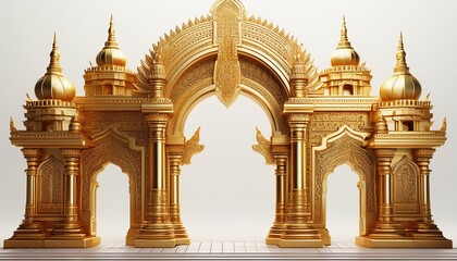 a 3d rendering showcases a gold temple archway intricate carvings and ornate pillars create a majestic religious structure the golden hue is striking against the white background