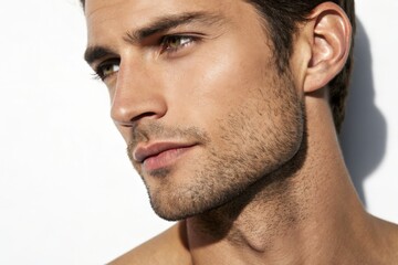 Fototapeta premium Closeup portrait of a handsome man with stubble on isolated background