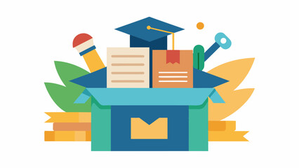 Obraz premium A box filled with report cards school projects and graduation tassels symbolizing a persons academic achievements and the memories of their education.. Vector illustration