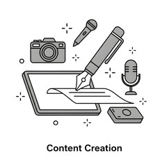 Illustration of content creation concept isolated on transparent background camera, microphone, tablet, pen, paper, and button for digital marketing and social media