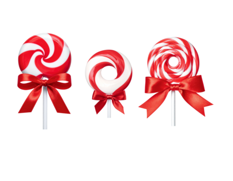 A bright red lollipop and striped candy cane on a white background make a fun, sugary sweet holiday symbol