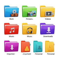 Illustration of colorful folder icons isolated on transparent background, representing various file categories such as work, pictures, music, and downloads for organized digital storage