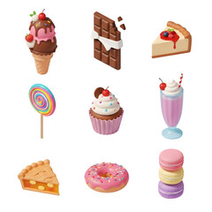 Illustration of sweet dessert icon set featuring ice cream, chocolate bar, pie, lollipop, cupcake, milkshake, donut, and macaron isolated on transparent background