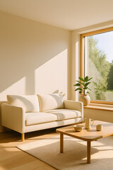 Fototapeta premium Salon minimaliste lumineux avec canapé beige, table en bois et plantes vertes