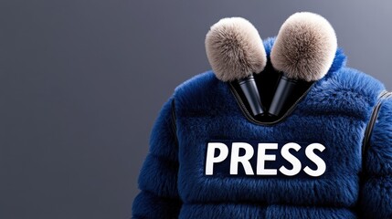 A striking dark blue press vest with microphones illuminated against a dimly lit studio backdrop showcases the essence of journalism