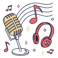Vintage music vector illustration with a classic microphone and headphones surrounded by colorful notes