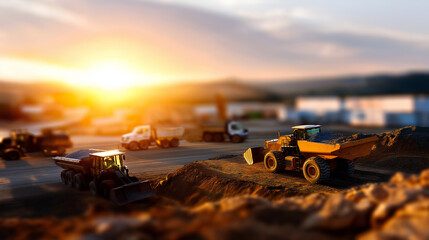 Faceless industrial landscape &mdash; earthmovers and trucks operating under golden sunlight, defocused edges adding depth and softness, with copy space.