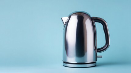 Sleek stainless steel electric kettle with soft reflections and smooth edges, isolated on pastel blue background, minimalistic home appliance design
