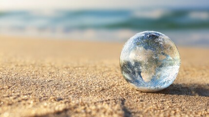 smooth sea pebble reflecting the Earth planet on its glossy surface, placed on a bright sandy beach, calm sea in the background, eco concept, ultra