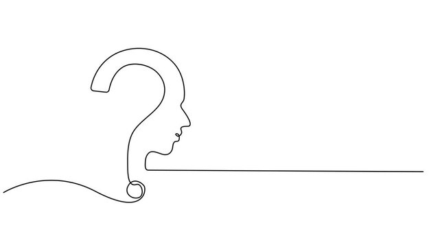 Animated self drawing of continuous line draw confusion in the head and question mark. Problems stress illness and depression concept. Full length one line animation. 4K