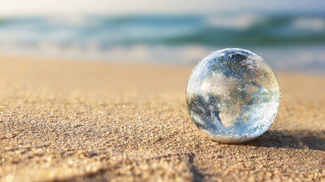 smooth sea pebble reflecting the Earth planet on its glossy surface, placed on a bright sandy beach, calm sea in the background, eco concept, ultra - Powered by Adobe