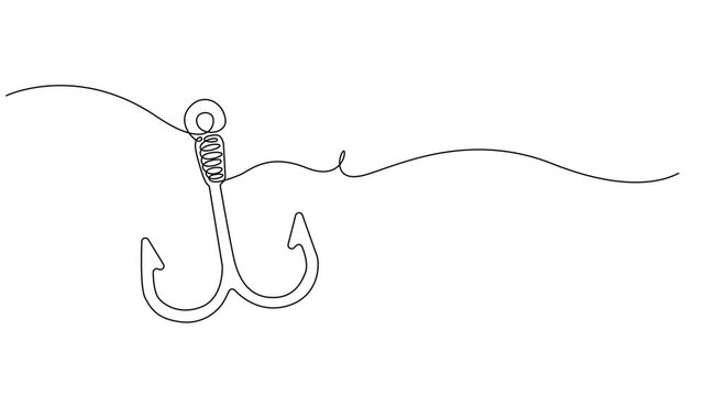 Self drawing line animation fishing hook continuous line drawn concept video, Continuous outline of a Fishing hook, minimalist pro vector illustration line, Full length one line animation, 4K video. 