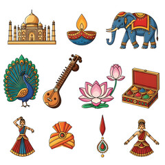 Illustration of indian culture isolated on transparent background includes the taj mahal, diya, elephant, peacock, sitar, lotus, jewelry box, dancer, turban, and bindi