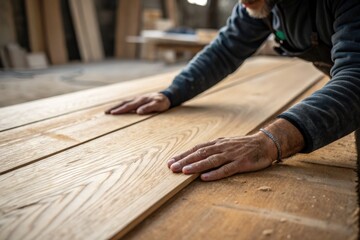 Carpenter smoothing a wooden board with his hands in a woodworking workshop