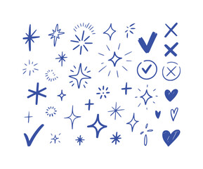 Collection of Hand-Drawn Blue Stars, Checkmarks, Hearts, and Crosses