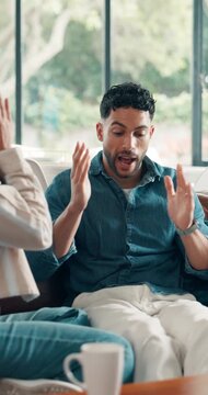 Frustrated couple, sofa or fight with disagreement in home for divorce, break up or cheating affair. Upset, man or woman with conflict, argument or dispute for toxic relationship or separation