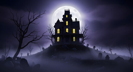 Haunted House on Hill Graveyard Silhouette Under Full Moon Eerie Halloween Night Spooky Estate Ghostly Atmosphere Creepy Landscape Abandoned Building Nightmare