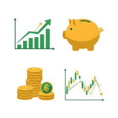 Illustration of financial growth and investment icons showing a rising graph, piggy bank, stack of coins, and stock market chart, isolated on transparent background