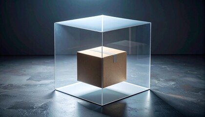 A cardboard box sits inside a clear, glowing cube, lit from below against a dark backdrop