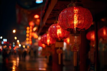 Traditional red Chinese lanterns glowing at night on city street