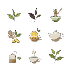 Illustration of tea ceremony elements isolated on transparent background tea leaves, ginger, lemon, teapot, tea bag, matcha whisk, and cup in a minimalist line art style