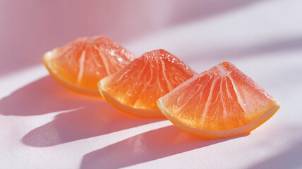 Detailed view of orange-shaped jelly fruit snack, surrounded by assorted flavored jelly fruits, colorful and glossy, isolated background, studio lighting