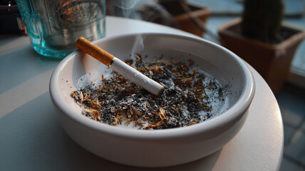 Cigarette resting in a decorative ashtray on a dark surface - Concept of worldwide day without tobacco