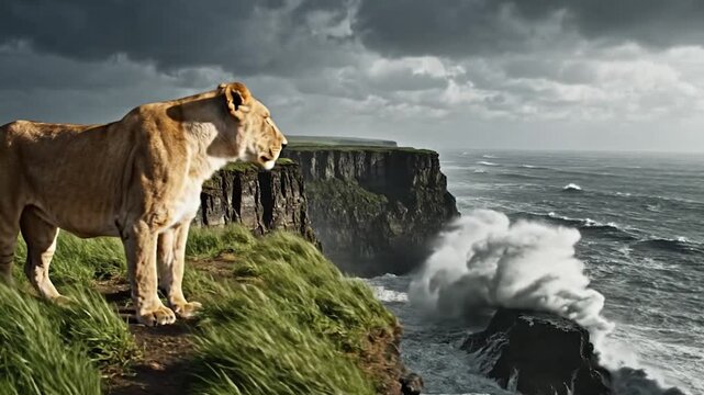 A lioness standing proudly on a rocky cliff above the ocean, looking into the distance during golden hour.